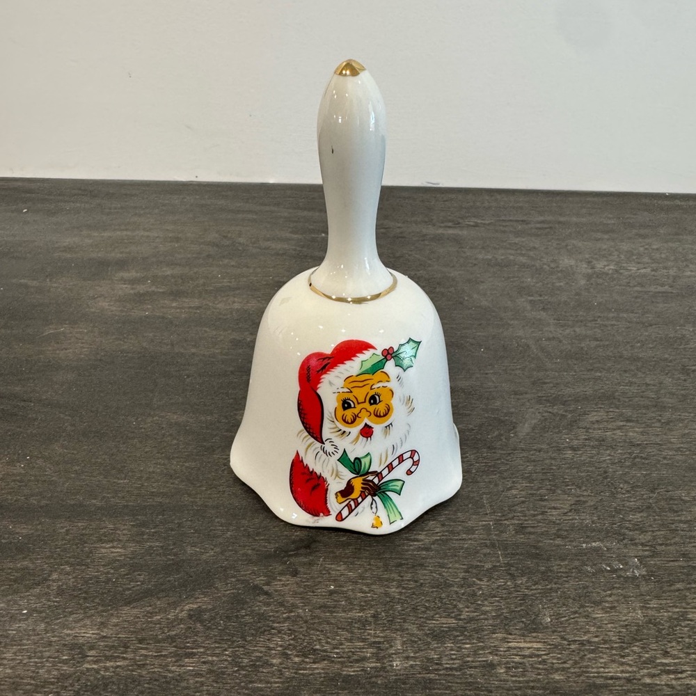 Vintage White Ceramic Santa Bell with Gold Trim